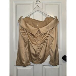 ANTHROPOLOGIE Off The Shoulder Collared‎ Silky Button Down Shirt Size M Beige